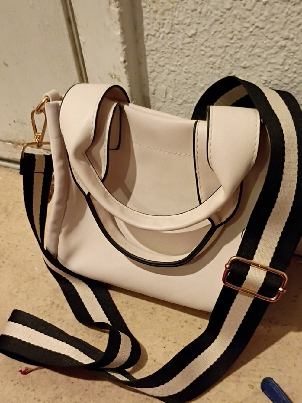 Cream Crossbody Bag with Black-Trim Striped Strap